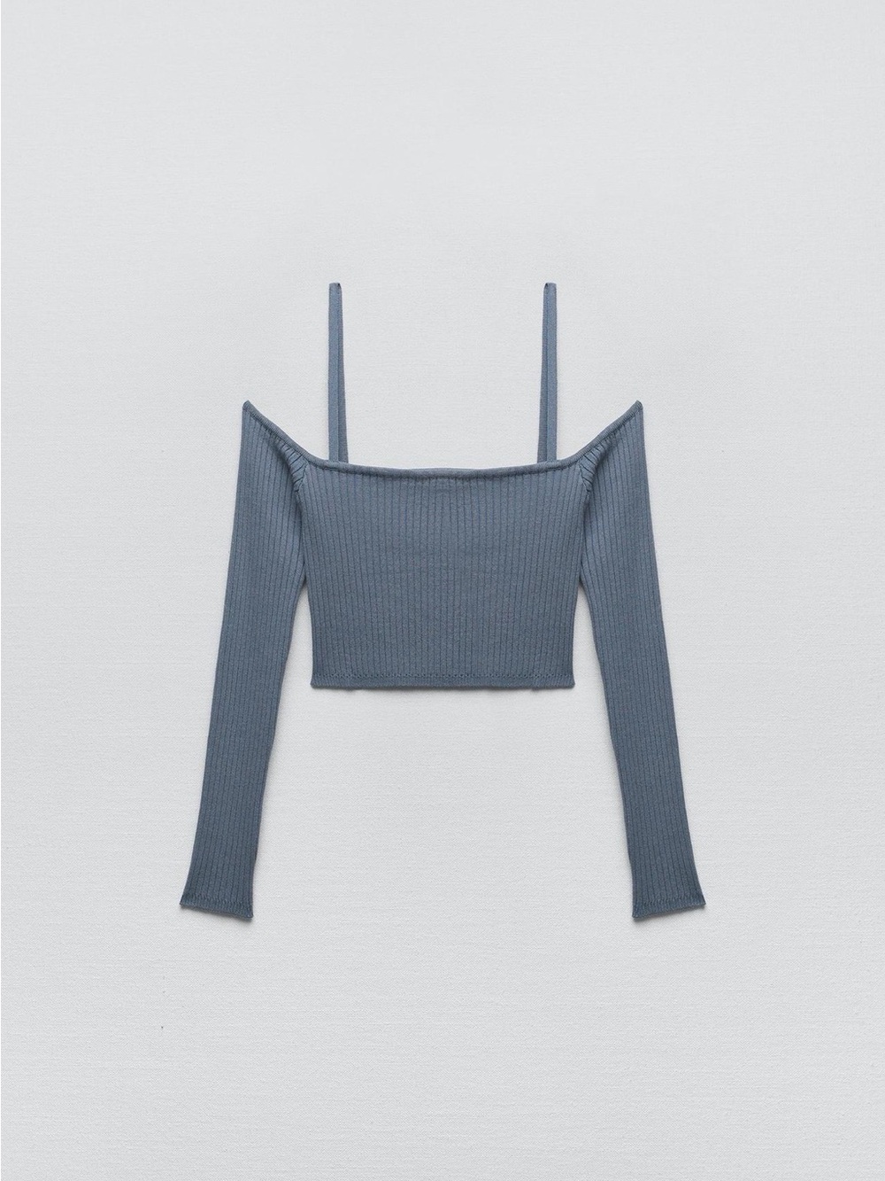 Zara Slate Blue Off-Shoulder Ribbed Cropped Top in size S